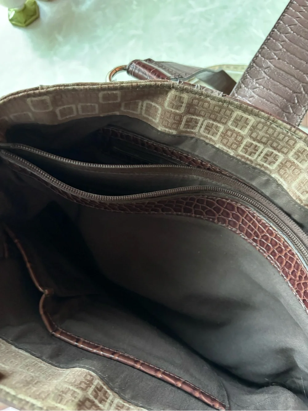 Worthington Brown Patterned Shoulder Tote with Croc-Trim